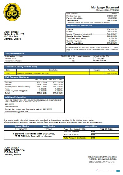 Download Eritrea Housing and Commerce bank mortgage statement scr Photoshop template